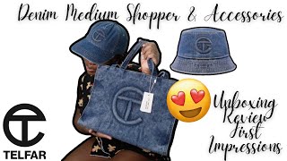 UNBOXING NEW DENIM TELFAR SHOPPER amp ACCESSORIES I FIRST IMPRESSIONS I HONEST REVIEW [upl. by Eessej]