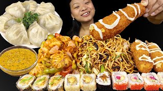 Eating Buff Chowmein BuffChicken Chilli MOMO Sushi amp Corndog Street Food Mukbang Eating Show [upl. by Wendt718]