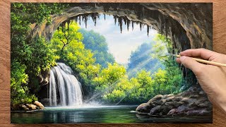 How to paint landscapes  Acrylic paint  Cave entrance landscape  Art painting [upl. by Oninotna]