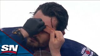 Jets Connor Hellebuyck Stays In Game After Getting Cut Above Eye By Slapshot From Jack Eichel [upl. by Aloeda344]