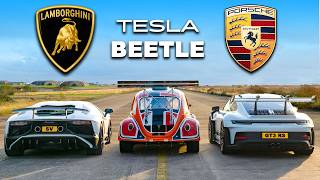 911 GT3 RS v Lambo V12 vs Tesla Beetle DRAG RACE [upl. by Maximilian]