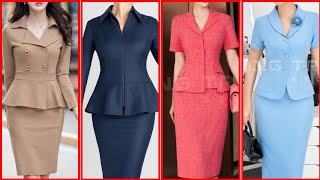 2 Piece Outfit Dark Navy Turndown Collar Long Sleeve Ruffle Double Breasted Suit With Bodycon Skirt [upl. by Lednor]