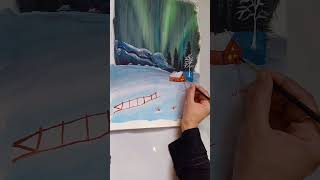 A Cosy House Under the Aurora Glow art painting artists how to paint aurora shorts ytshorts [upl. by Yearwood]