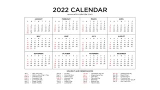 Year 2022 Calendar Printable with Holidays  Wiki Calendar [upl. by Eidur]