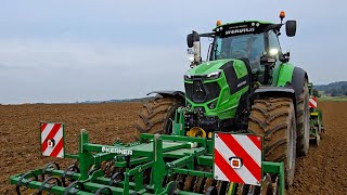 DeutzFahr Duo mit 2 x 7250 TTV Warrior Agrotron beim pflügen und säen mit Amazone AD 303 System [upl. by Ardeid]