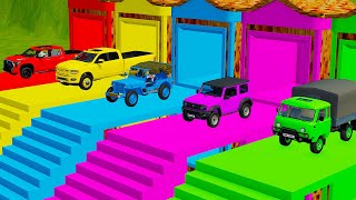 TRANSPORTING FIVE COLOR TOYOTA TUNDRA  RAM JEEP WILLYS SUZUKI YA3 TRUCK  Farming Simulator 22 [upl. by Quenby565]