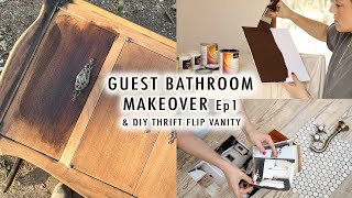 GUEST BATHROOM MAKEOVER amp DIY Thrift Flip Vanity Episode 1  XO MaCenna [upl. by Aernda]