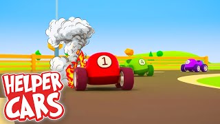 The racing car needs help Helper cars and trucks ready to go Car cartoons for kids [upl. by Minetta797]