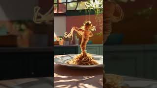 A whimsical miniature figure composed of delicately arranged noodles poised in a noodles [upl. by Vinny]