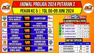 Jadwal Proliga 2024Jadwal Proliga Putaran 2 Pekan 5 Klasemen amp Top skor Proliga 2024 TerbaruLive [upl. by Furmark]