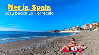 Nerja Spain  cozy beach La Torrecilla 4K Walk tour Costa del Sol [upl. by Lucille]