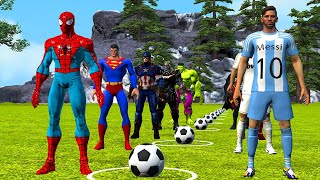 SpiderMan challenge of kicking the ball and hitting the target vs Ronaldo vs Messigame 5 superhero [upl. by Llevert137]