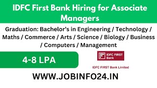 IDFC First Bank Hiring for Associate Managers  Fresher job  Work From home job [upl. by Noiztneb233]