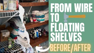 HOW TO COVER Wire Shelves with Floating WOOD Wrap Existing CLOSET PANTRY Shelves diy organization [upl. by Ariaj]