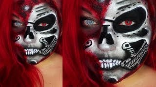 HALF ROBOT CYBORG FACE HALLOWEEN  KARNEVAL TUTORIAL Facepainting aqua make up SFX ZOMBIE [upl. by Irrabaj]