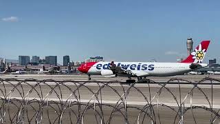 Edelweiss Air Airbus A340313 arriving from Zurich ZRH  HBJMG [upl. by Anelra]