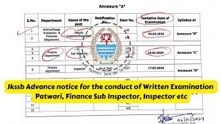 Jkssb Advance notice for the conduct of Written Examination for Patwari Finance Sub Inspector etc [upl. by Nrublim]