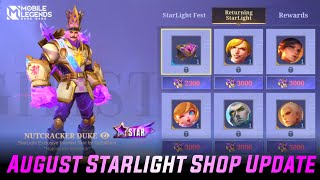 AUGUST STARLIGHT SKIN 2024  STARLIGHT SHOP UPDATE 2024  MOBILE LEGENDS [upl. by Nwahsit695]