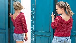 CROCHET VNECK SWEATER PATTERNCROCHET LACE SWEATER PATTERNCROCHET VNECK LACE TOP FREE PATTERN [upl. by Mani]