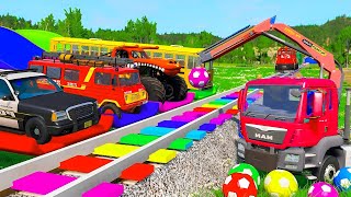 Double Flatbed Trailer Truck rescue Bus Long Cars vs Funny Cars and Big amp Small Mcqueen with Tractor [upl. by Einahpetse]