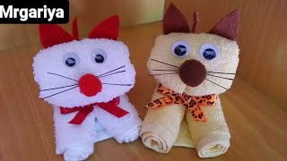 how to make a kitty towel art  how to make a cat out of a towel  towel folding cat  towel art 🐈 [upl. by Srednas341]