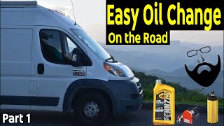 RAM Promaster DIY Oil change The Easiest way to change oil on the road  Oil cap Warning Part 1 [upl. by Kimitri]