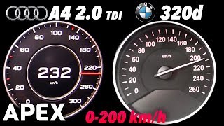 2017 Audi A4 20 TDI vs BMW 320d  Acceleration Sound 0100 0200 kmh  APEX [upl. by Retnuh]