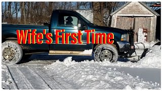 Wifes First Time Plowing Snow Ford F350 73l Powerstroke Boss VPlow [upl. by Dave]