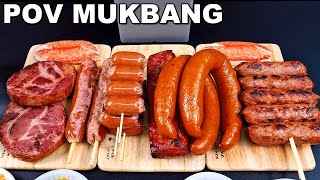 POV MUKBANG SMOKED PORK BELLY KIELBASA STEAK HOT DOG NO TALKING REAL EATING ASMR [upl. by Wurst]