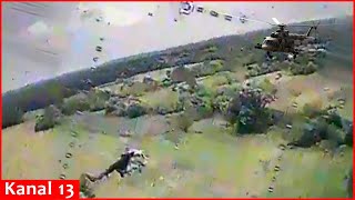 The moment a Ukrainian drone shot a Russian Mi8 helicopter in Kursk [upl. by Allina461]