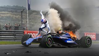 Logan Sargeants BRUTAL crash at Dutch GP His car caught fire [upl. by Sorel]