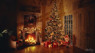 Christmas Ambience fireplace 4K 6 hour  Christmas tree warm roaring fireplace snowing no music [upl. by Esiouqrut]