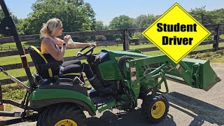 Watch Allison Learn to Brushhog and Drive a Tractor [upl. by Lerej917]