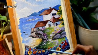 Beautiful Riverside Village Scenery Painting Indian Village Scenery Painting using Acrylic [upl. by Ellehcit609]