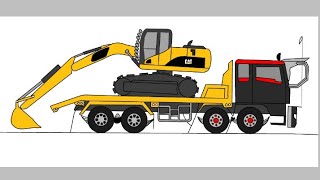 วาดรูป​ รถเทรลเลอร์ของเสี่ย​ท็อป กับรถแม็คโคร 💗💗 How to Draw a trailer truck with excavator [upl. by Katrinka]