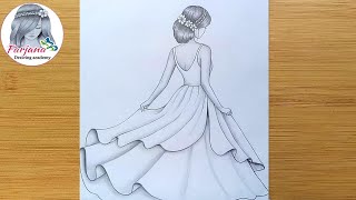 How to draw a girl with beautiful dress step by step  Pencil sketch for beginners  Girl Drawing [upl. by Sherline]