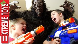 Wild Bigfoot Horror Sasquatch Monster Attacks Ethan and Cole With Nerf Blasters Fight the Beast [upl. by Alroy]