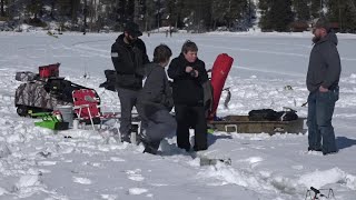 North Shore Lodge hosts an ice fishing tournament on Warm Lake [upl. by Curren976]