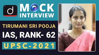 Tirumani Sri Pooja Rank  62 IAS  UPSC 2021 Mock Interview  Drishti IAS English [upl. by Nomled]