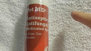 Pet MD Antiseptic Antifungal Medicated Spray for Dogs Cats Horses Chlorhexidine Ketoconazole REVIEW [upl. by Annim]