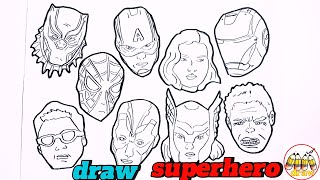 DRAWING SUPERHERO all Avengers Character Faces  Iron Thor Hulk America [upl. by Mathilde]