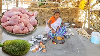 jackfruit chicken curry cookingampeating by our santali tribe grandmaa  chicken curry recipe [upl. by Itsyrk108]