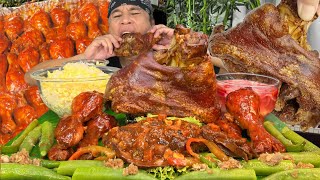 BAGNET PORK CRISPY PATA BAKED BBQ CHICKEN SPICY GIANT SQUID STEAM OKRA BAGOONG EGG RICE MUKBANG [upl. by Calesta]