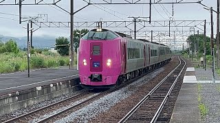 茶志内駅を通過するハマナス編成特急宗谷とラベンダー編成特急フラノラベンダーエクスプレス［JR北海道函館本線］ ハマナス編成 ラベンダー編成 特急宗谷 JR北海道 函館本線 [upl. by Borries]