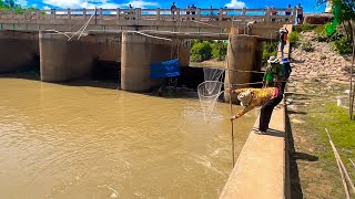 Real life net fishing  scoop net fishing in the river woman man trying to catch fish [upl. by Ahseuqal]