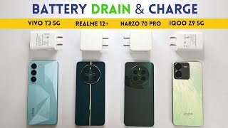 5G BATTERY Drain and CHARGING Test  VIVO T3 vs iQOO Z9 vs Realme 12 vs Narzo 70 Pro🔥 [upl. by Odysseus]