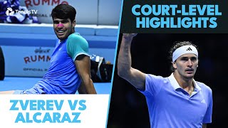 Alexander Zverev vs Carlos Alcaraz CourtLevel Highlights  Nitto ATP Finals 2024 [upl. by Dlorrej]