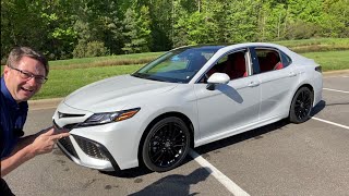 REVIEW of 2021 Camry XSE Cockpit Red Interior  Wind Chill Pearl [upl. by Marou]