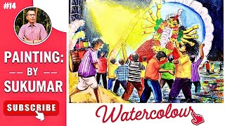 বিসর্জন  Durga Puja Visarjan  Subject Drawing  Watercolor Composition  Watercolor Tutorial  14 [upl. by Banks]