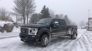 HOW BAD IS A DUALLY ON SNOW ROADS 2021 F450 PLATINUM FIRST DRIVE IN THE SNOW [upl. by Ahseiat]